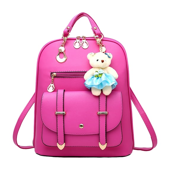 Stylago Womens Trendy Leather Backpack Purse Multiple Pockets Travel Shoulder Daypack Students Mini Schoolbags with Bear Pendant Pink
