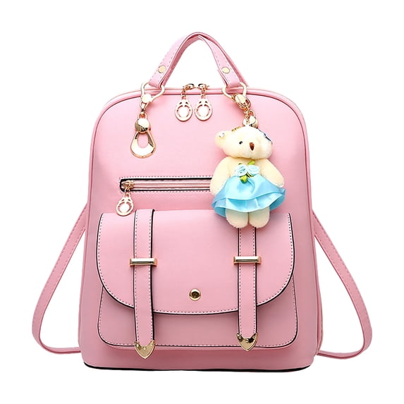 Stylago Womens Trendy Leather Backpack Purse Multiple Pockets Travel Shoulder Daypack Students Mini Schoolbags with Bear Pendant Pink