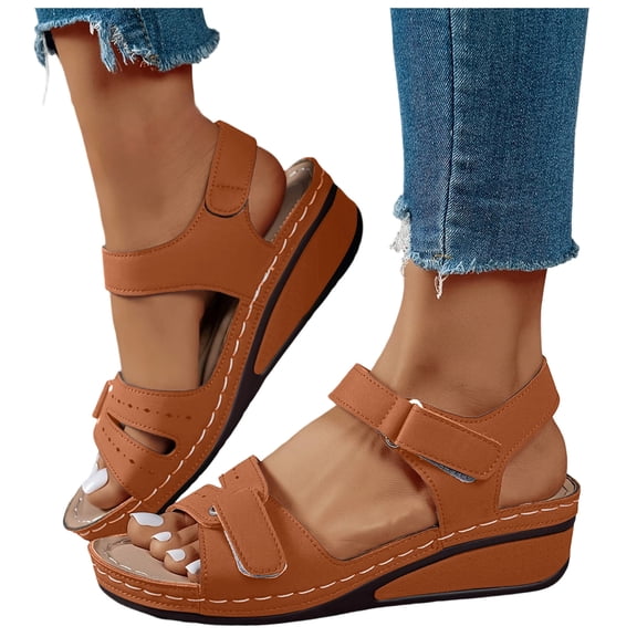 Stylago Womens Wedge Sandals Summer Walking Casual Dressy Shoes Open Toe Low Wedges Buckles Sandal with Ankle Strap Brown Size 8.5