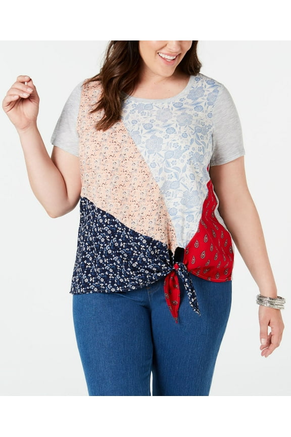 Style & Co. Womens Plus Patchwork Side-Tie T-Shirt, Natural, 3X