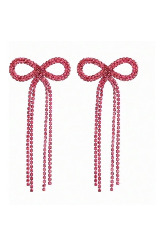 Style 10-Hot Pink Bow Earrings For Women Rhinestone Long Tassel Drop Dangle Jewelry Sparkly Ribbon Design