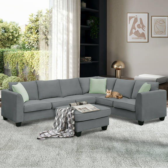 Style 112*87 inches Modular Sofa with Footrest L Shape Fabric Sofa with 3 Pillows