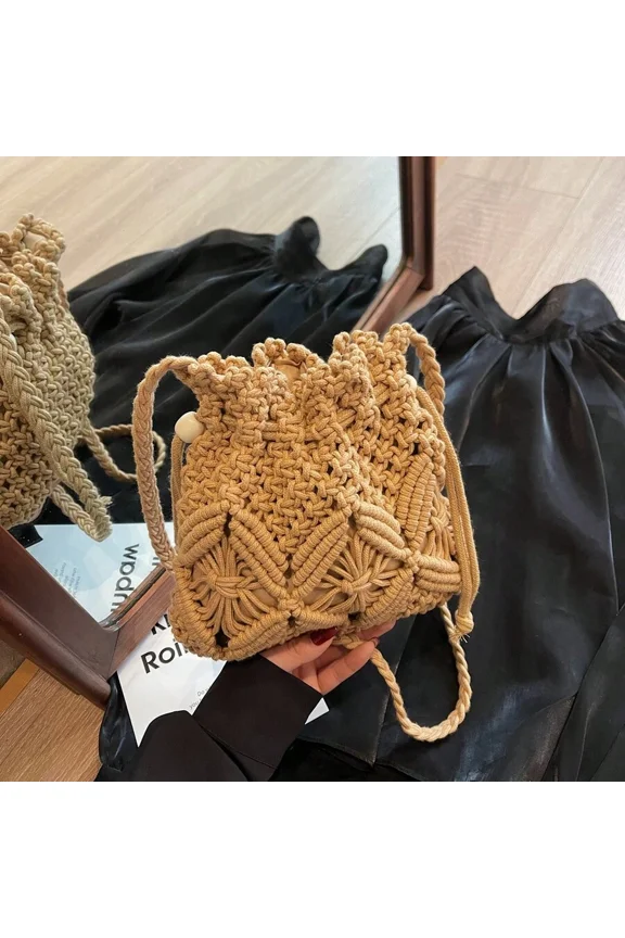 Style 2: Khaki Khaki Macrame Drawstring Crossbody Bag Small Boho Shoulder