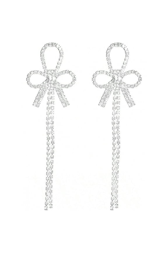 Style 2 Silver-Tone Bow Earrings With Rhinestone Tassel Drop Dangle Jewelry For Women