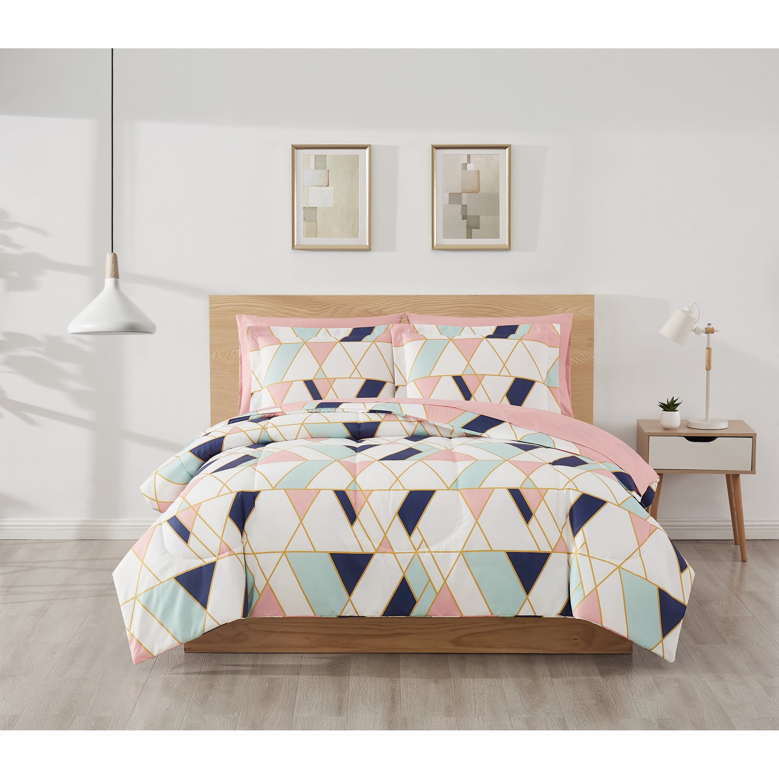 King Pink and Blue Geometric Microfiber Bed in a Bag Set