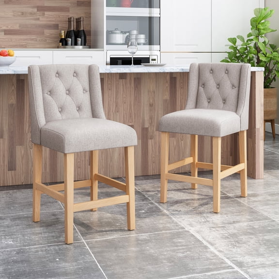 Style 27 Inch Counter Stools Of 2. Gray Upholstery, Natural Wood. Wingback And Button Design For Elegance Contemporary Stools, Inches. Gray, Natural. Diamond Stitch Comfortable Seating