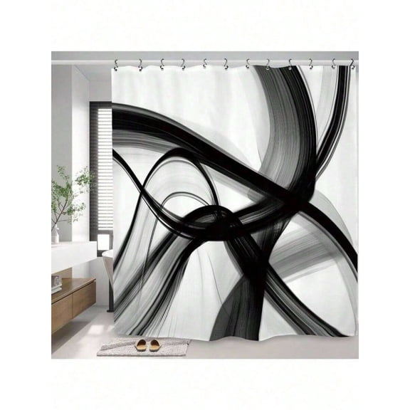 Style 3 Abstract Black And White Swirl Shower Curtain, Modern Artistic Bathroom Decor With Hooks