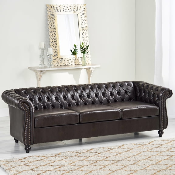 Style 3 With Upholstery & Low Profile - Relaxing Pu Leather 3 Scrolled Arms Button Tufting Modern Living Room
