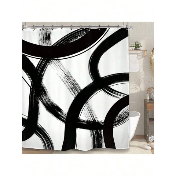 Style 4 Abstract Black And White Brushstroke Shower Curtain, Modern Artistic Bathroom Decor With Hooks