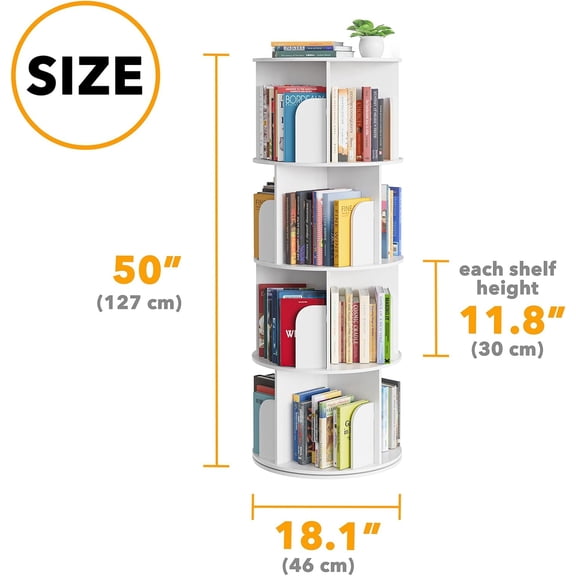 Style 4 Tier Rotating Bookshelf, Spinning 360 Bookcase Lazy Susan Tower, Vertical Revolving Books Shelf Storage Round Carousel Space Saving Organizer, White
