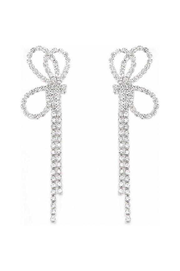 Style 5 Silver-Tone Bow Earrings With Rhinestone Tassel Drop Dangle Jewelry For Women