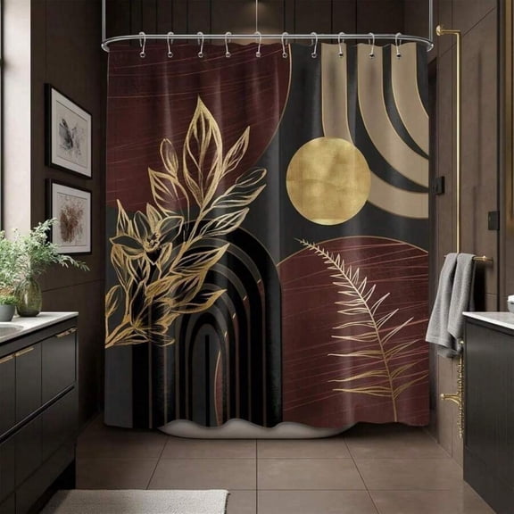 Style 6 Deep Burgundy And Metallic Gold Abstract Botanical Shower Curtain With Geometric Arch Motifs