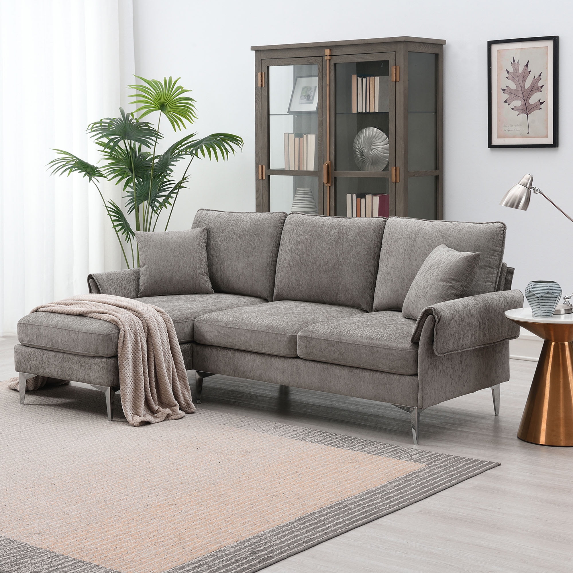 Style 84 Inch Modular Sectional Sofa L Shape Sofa With Reversible Recliner 2 Pillows