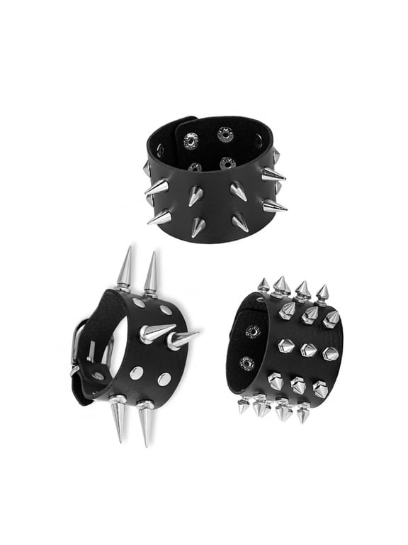 Style A: 3PCS Punk Spike Cuff Leather Bracelet Set, Unisex Gothic Rock Metal Studs, Black With Silvertone Spikes