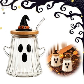 Style A Ghost Design 11.8oz Halloween Glass Mug,Spooky Pumpkin Ghost Devil Cup with Wooden Lid and Straw,Party Drinkware for Home