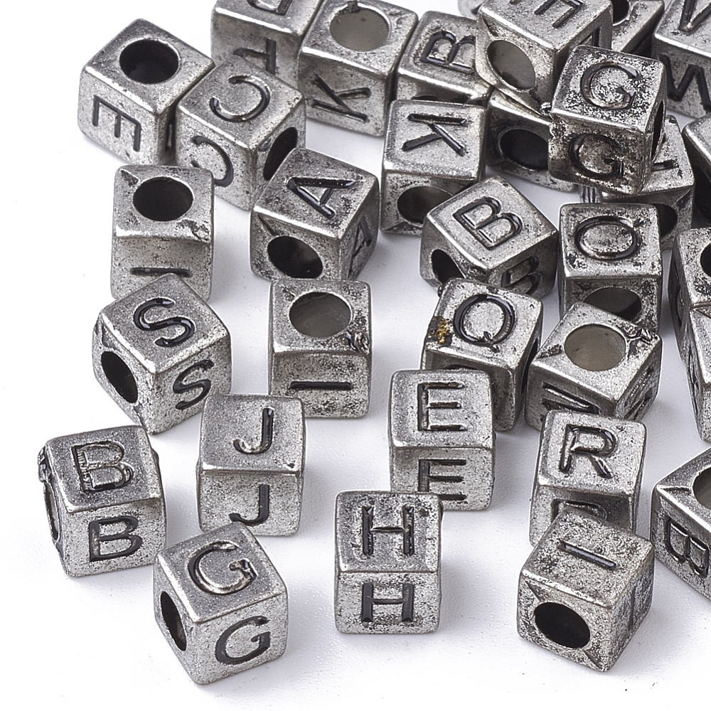 Style Acrylic Beads Horizontal Hole Cube with Initial Letter Silver Plated 6x6x6mm Hole: 3mm about 3000pcs/500g