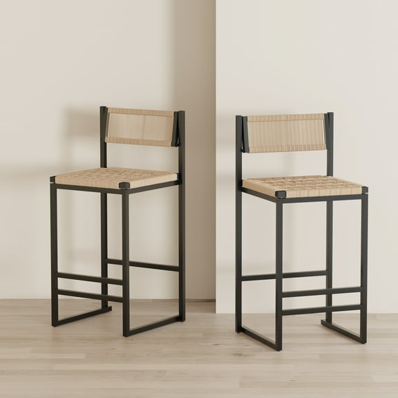 Style B Black & Honey Paper Rope Weave Kitchen Stools with Footrest Set of 2