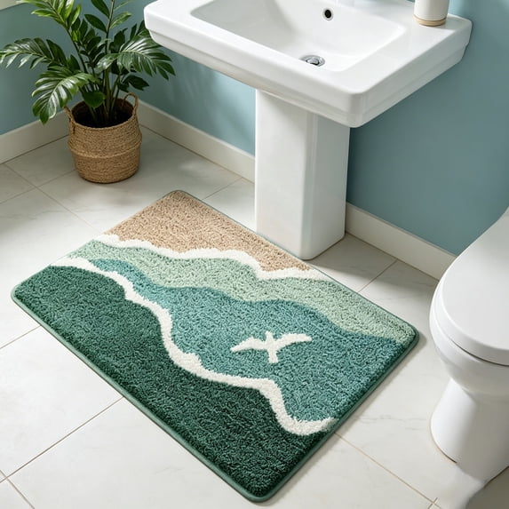 Style Bath Mat Non Slip Bathroom Rug Absorbent Quick Dry Wave Pattern Machine Washable 15.74x23.62 Inch(Green)
