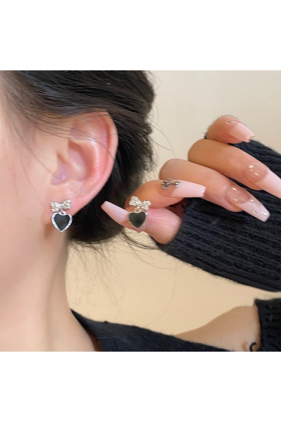 Style Bow Knot Earrings for Everyday Wear Black Heart Stud Earrings Wind Dangle Notched Design,4 g,Black