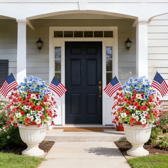 Style C Artificial Red White Blue Flag Tree - Lifelike Artificial Foliage, Durable Plastic Flags, Metal Ground Stakes, Great Outdoor Garden Landscaping Decor for Courtyard, Yard and Outdoor Use