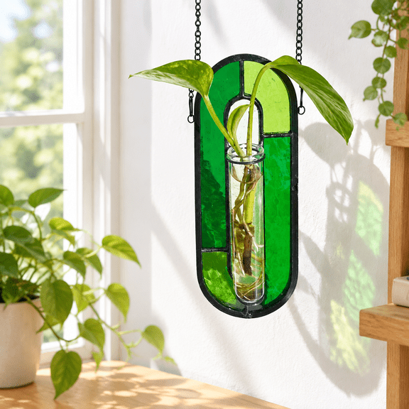 Style C06 (Green Vitality) Handcrafted Stained Glass Hanging Planter Propagation Station