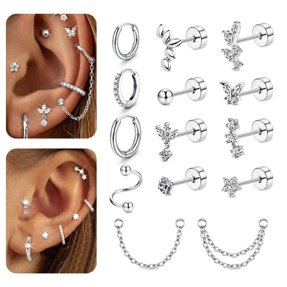 Style-Carry 14-Piece Silver Tone Earrings Set, Hypoallergenic Stud & Hoop Earrings for Women, Cartilage Piercing Jewelry with Chains