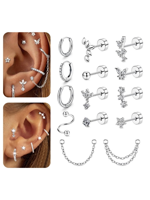 14-Piece Silver Tone Earrings Set, Hypoallergenic Stud & Hoop Earrings for Women, Cartilage Piercing Jewelry with Chains