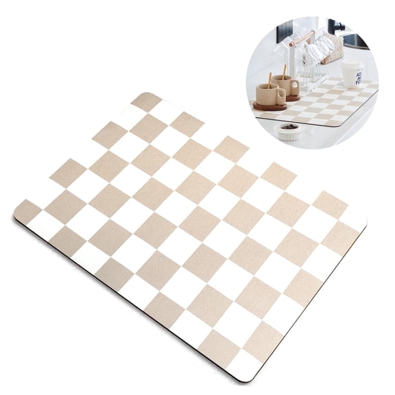 Style-Carry 16" x 24" Checkered Diatom Mud Drying Mat, Absorbent Non-Slip Pad for Coffee Tea Bar, Kitchen Counter, Bathroom (Beige)