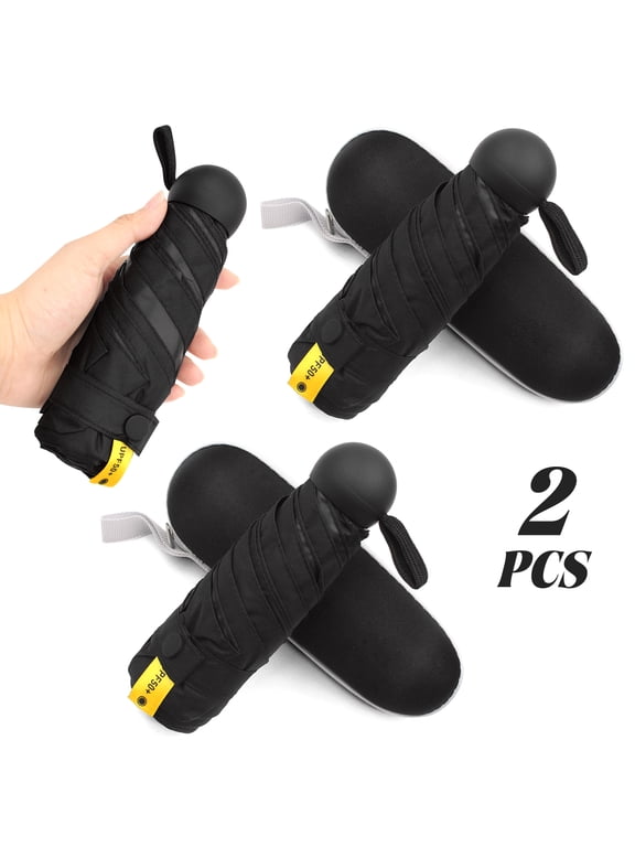 2 Pack Black Compact Mini Travel Umbrella with Storage Case UPF50 Plus UV Protection Dual Use Rain Sun Small Pocket Umbrella for Outdoor Daily Travel Handbag Carry
