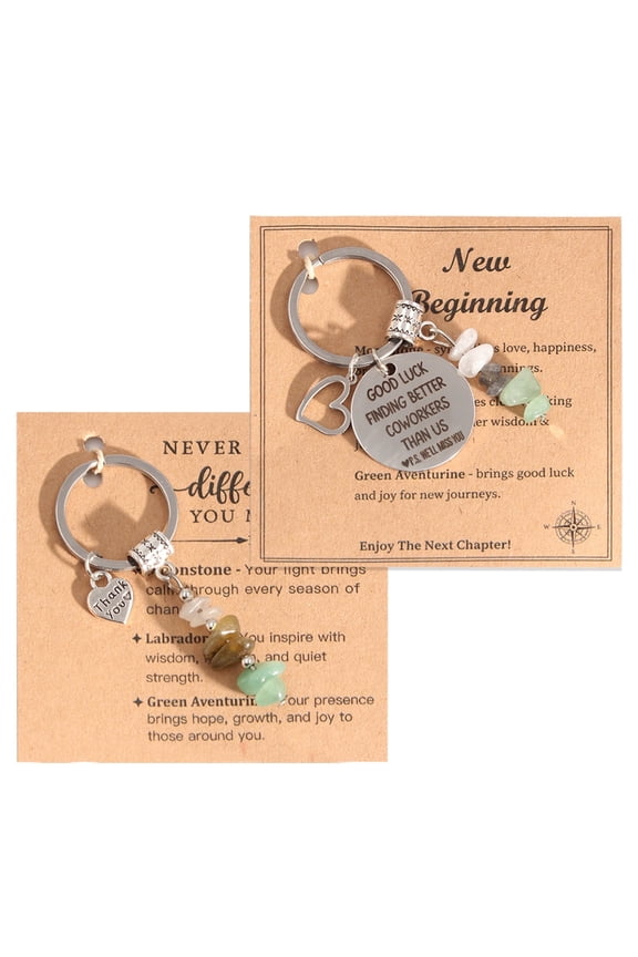 2 Pack Silver Metal Natural Stone Bead Engraved Keychains, Coworker Appreciation Charm Key Rings for Bag Purse Keys Daily Decor