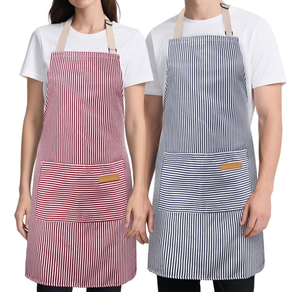Style-Carry 2 Pack Striped Poly Cotton Kitchen Aprons with Pockets, Black White and Red White Stripe Adjustable Cooking Aprons for Kitchen Gardening Use
