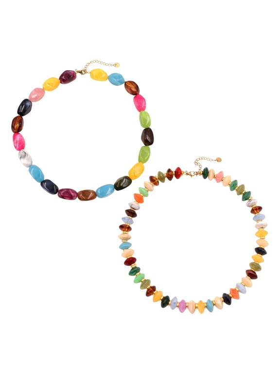 2 Packs Multicolor Irregular Stone Beaded Necklaces, Adjustable Rainbow Acrylic Choker Neck Jewelry for Women Daily Wear