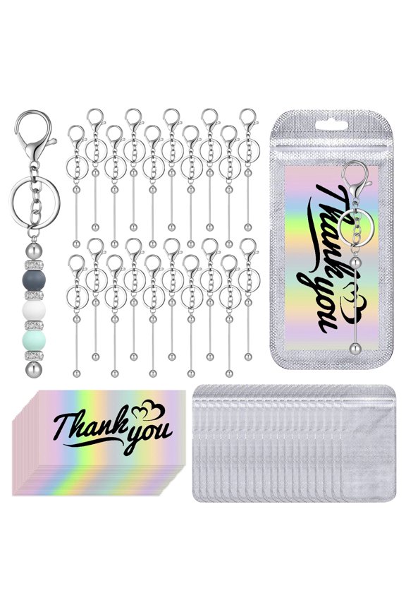 20 Set Silver Beaded Keychain Making Kit DIY Beadable Keychain Bars with Key Rings Thank You Cards and Organizer Bags for Jewelry Crafting
