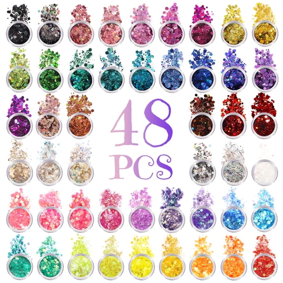 Style-Carry 48 Jars Craft Glitter Set, Multi-Color Chunky and Fine Sequins, 5 Ounces Total Sparkle Mix for Nail Art DIY Projects and Party Decorations