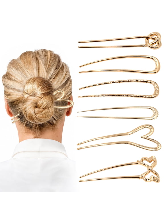 6 Pack Gold French Hair Pins, Metal U-Shaped Hair Accessories for Women Daily Twists Buns Updos, Elegant Hairstyle Décor