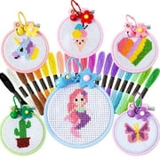 Style-Carry 6 Pcs Cross Stitch Kits for Kids 6-12, Embroidery Kit, Stamped Cross Stitch Needlepoint Starter Kits for Backpack Charms, Ornaments and Needle Craft