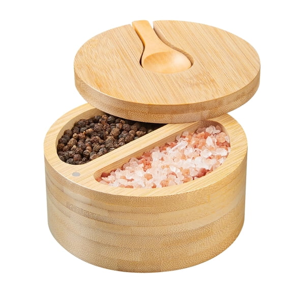 Style-Carry Bamboo Salt Cellar with Swivel Lid and Spoon 2 Compartments Salt Box for Countertop Kitchen