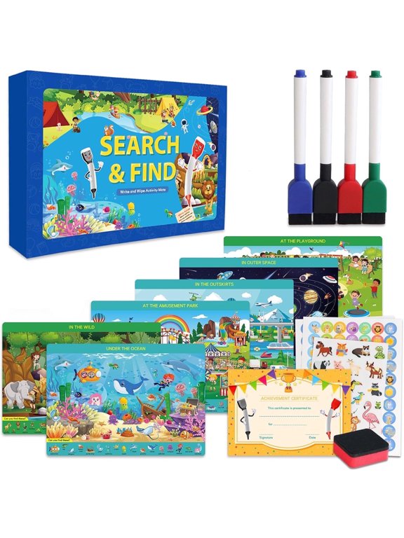 Educational Game for Kids, Search and Find Toy for Toddler 3 4 5 6 7 Years Old Reusable Preschool Learning Activity Mats, Kindergarten Gift for Boy Girl Ages 3-6