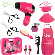 Style-Carry Girls Beauty Salon Set Pretend Play, Hair Cutting Kit Hairdresser Toys with Hair Dryer, Scissors, Barber Apron and Styling Makeup Accessories