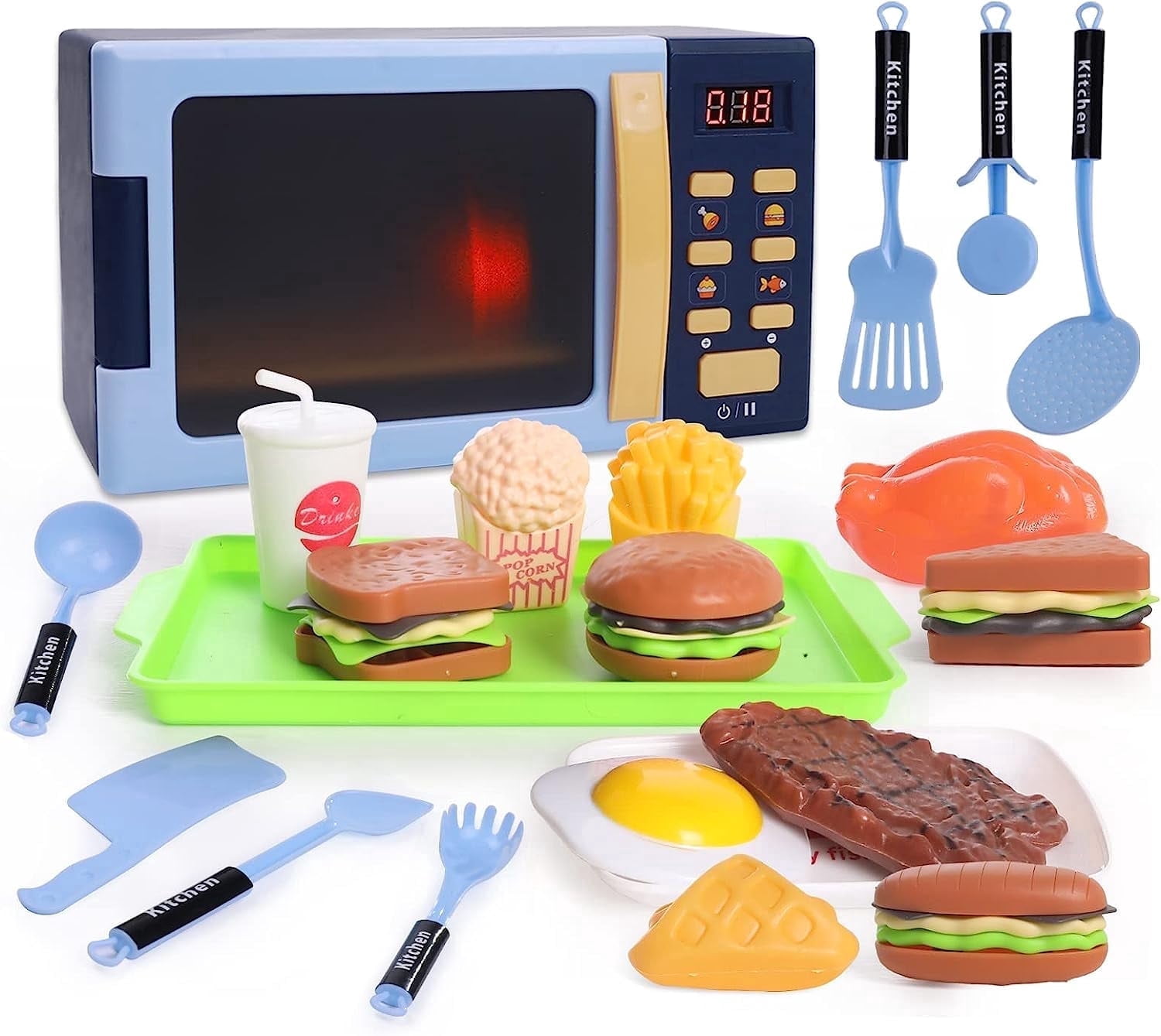 Style-Carry Kids Microwave Toy, Toy Kitchen Appliances, Play Kitchen Accessories and Play Food for Toddlers 3-8 Year Old Girls Boys (Blue)