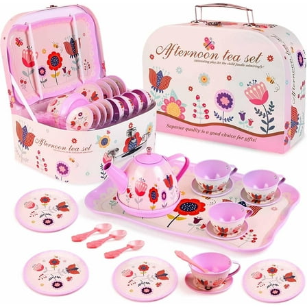 Style-Carry Kids Tea Set for Little Girls, Princess Tea Party Set for Toddlers Flower Design Toy Tea Set, Pretend Play Toys for Kids