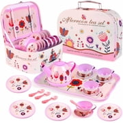 Style-Carry Kids Tea Set for Little Girls, Princess Tea Party Set for Toddlers Flower Design Toy Tea Set, Pretend Play Toys for Kids