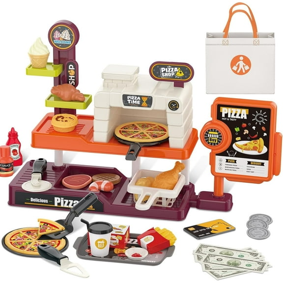 Style-Carry Pretend Play Pizza Store Toy for Kids, Pretend Play Food Accessories, Kitchen Cooking Playset, Gift for Girls 3-6 Years