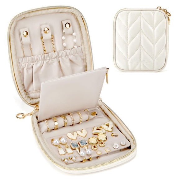 Style-Carry Small Jewelry Travel Case, Quilted Leather Travel Jewelry Pouch for Rings, Earrings & Necklaces, Portable Jewelry Organizer for Women, Cream White