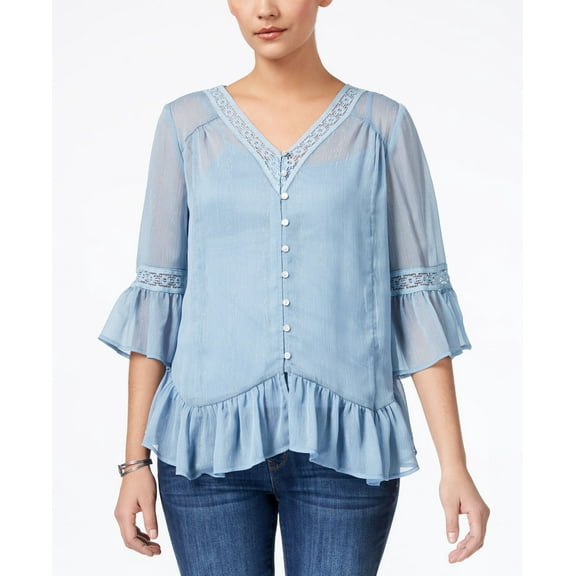Style & Co Asymmetrical Flounce Blouse Blue Fog M