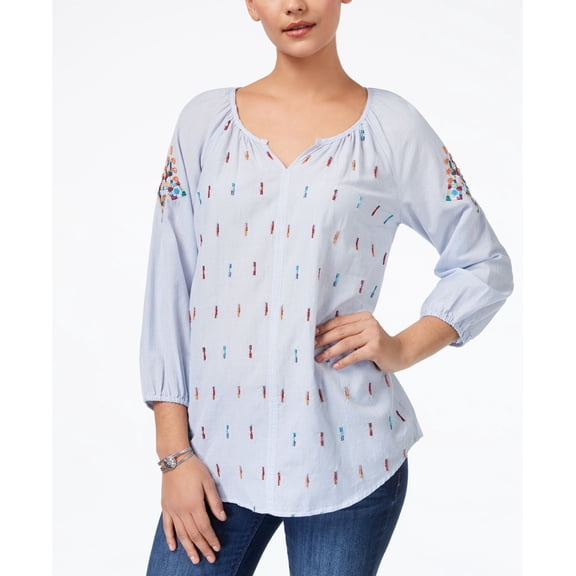 Style & Co Beaded Embroidered Peasant Blouse Womens L Blue shirt MSRP $53