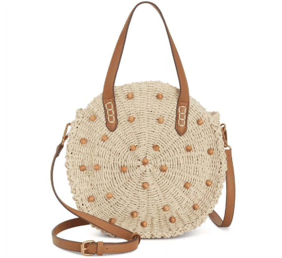 Style & Co Beaded Straw Round Crossbody Bag, Created for Macy's - Wooden Beads