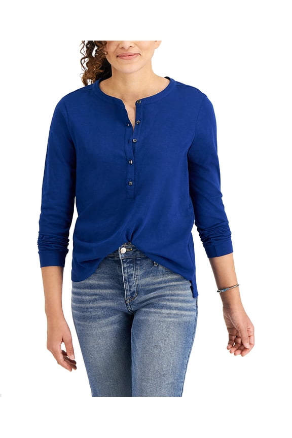 Style & Co Buttoned Solid Knit Top Admiral Blue PM