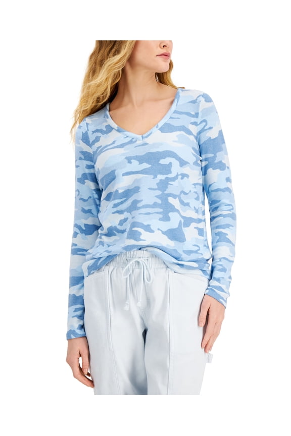 Style & Co Camo Print Long Sleeve T-Shirt Blue Camo M
