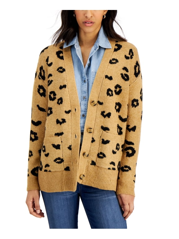 Style & Co Cheetah-Print Button-Down Cardigan Sweater Cheetah Coffee L